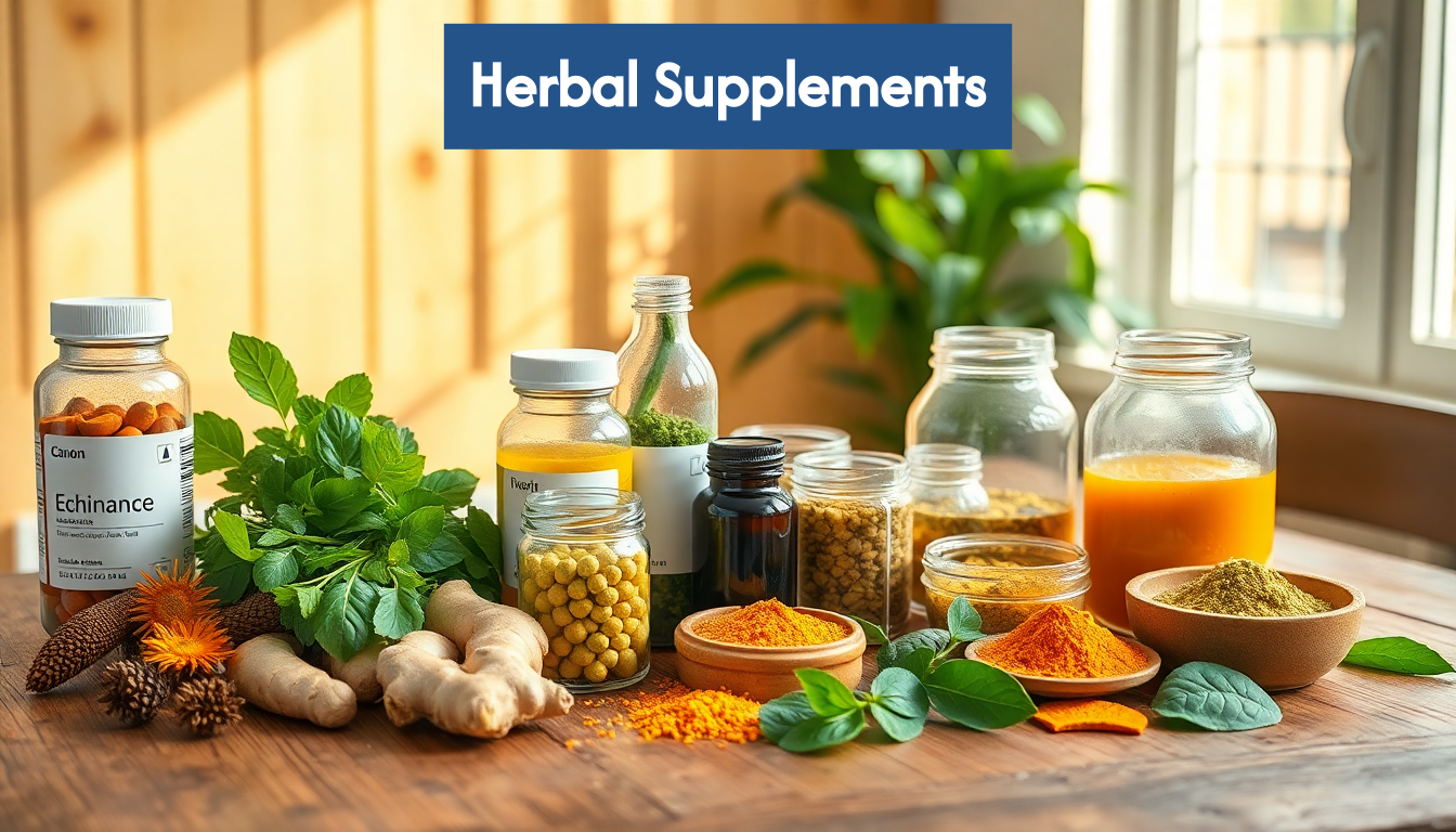 Assorted herbal supplements and fresh herbs on table