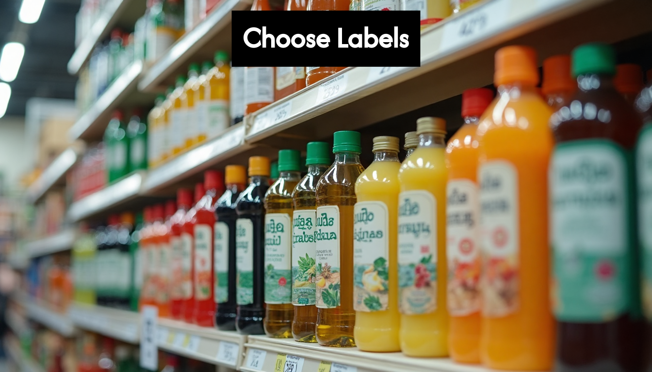 Assorted industry product labels on shelves
