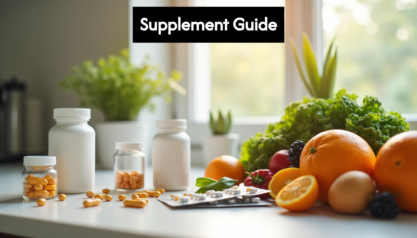 Assorted supplement bottles and fresh produce on kitchen counter