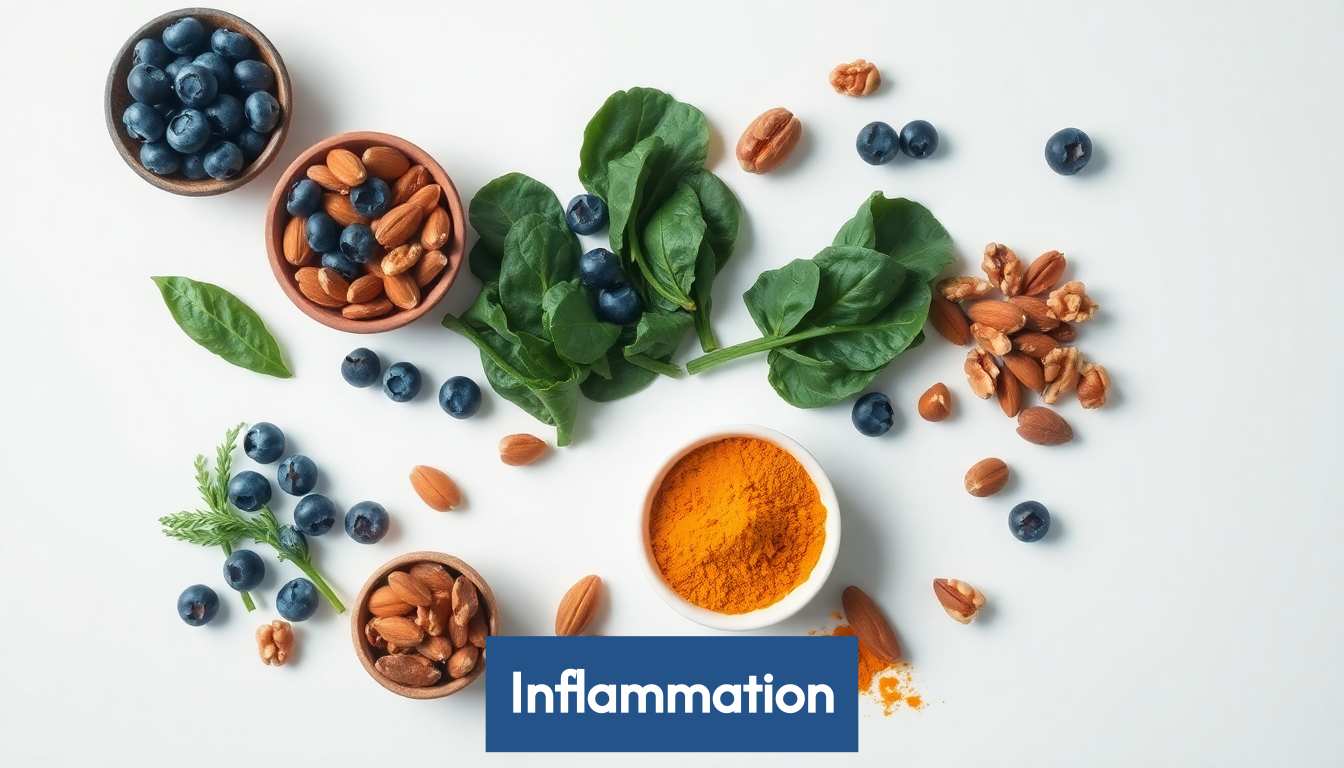 Assortment of anti-inflammatory foods like berries, greens, fish, and nuts.