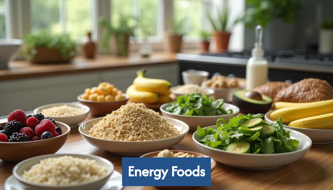Assortment of natural energy-boosting foods