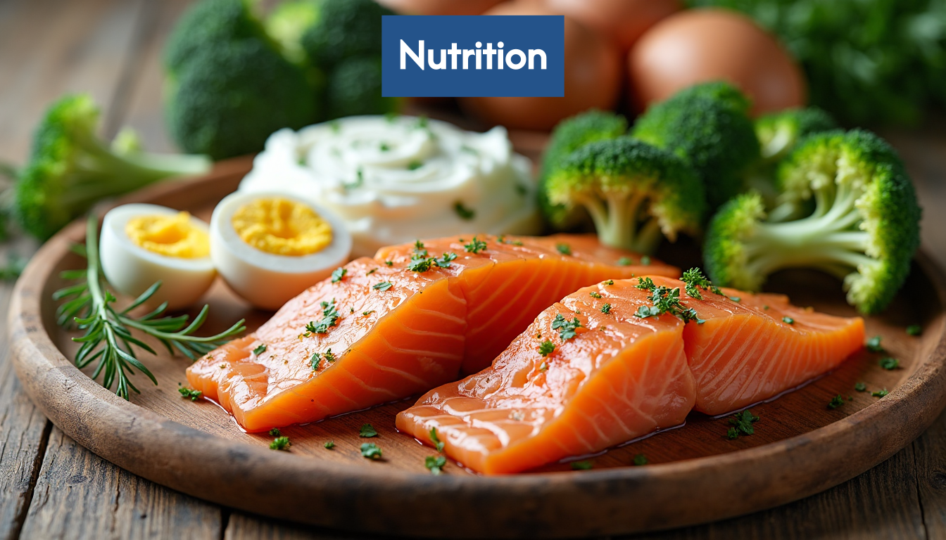Assortment of protein sources like chicken, fish, eggs, yogurt.
