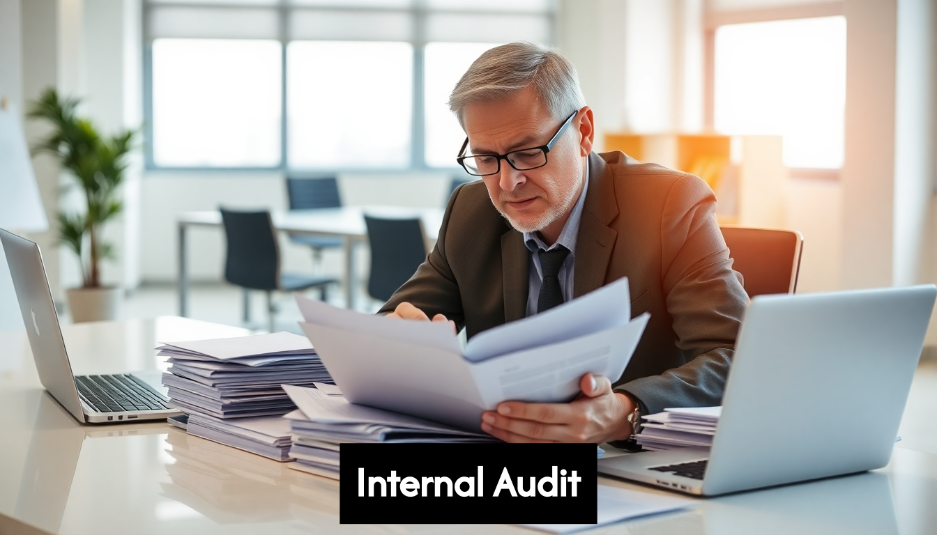 Auditor reviews compliance documents in office