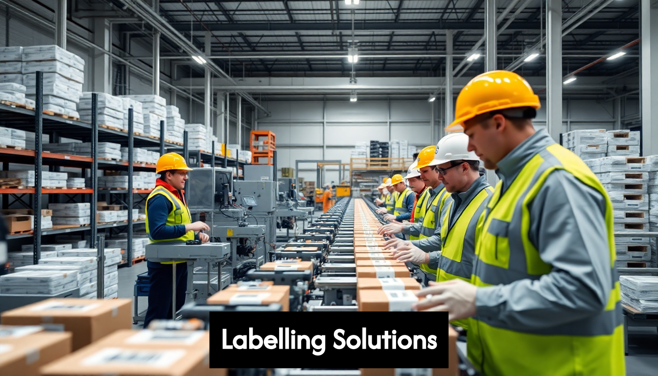 Automated factory label application with workers