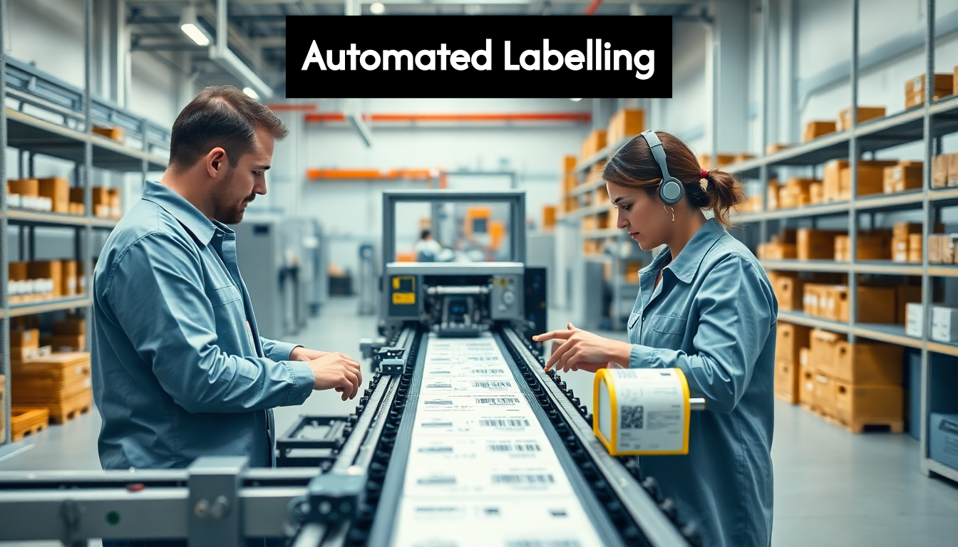 Automated labelling machine on production line