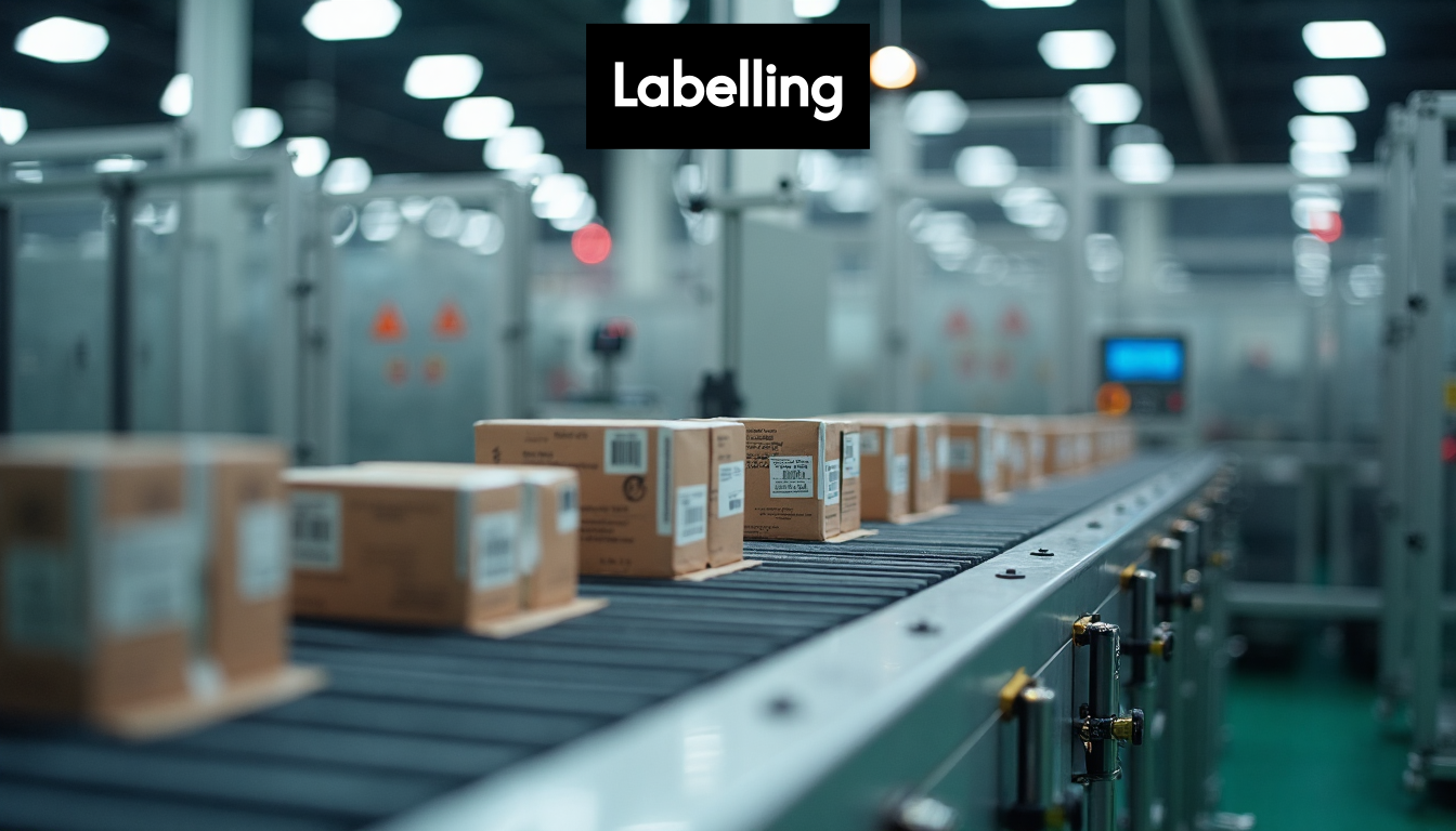 Automated labelling machines on a factory production line.