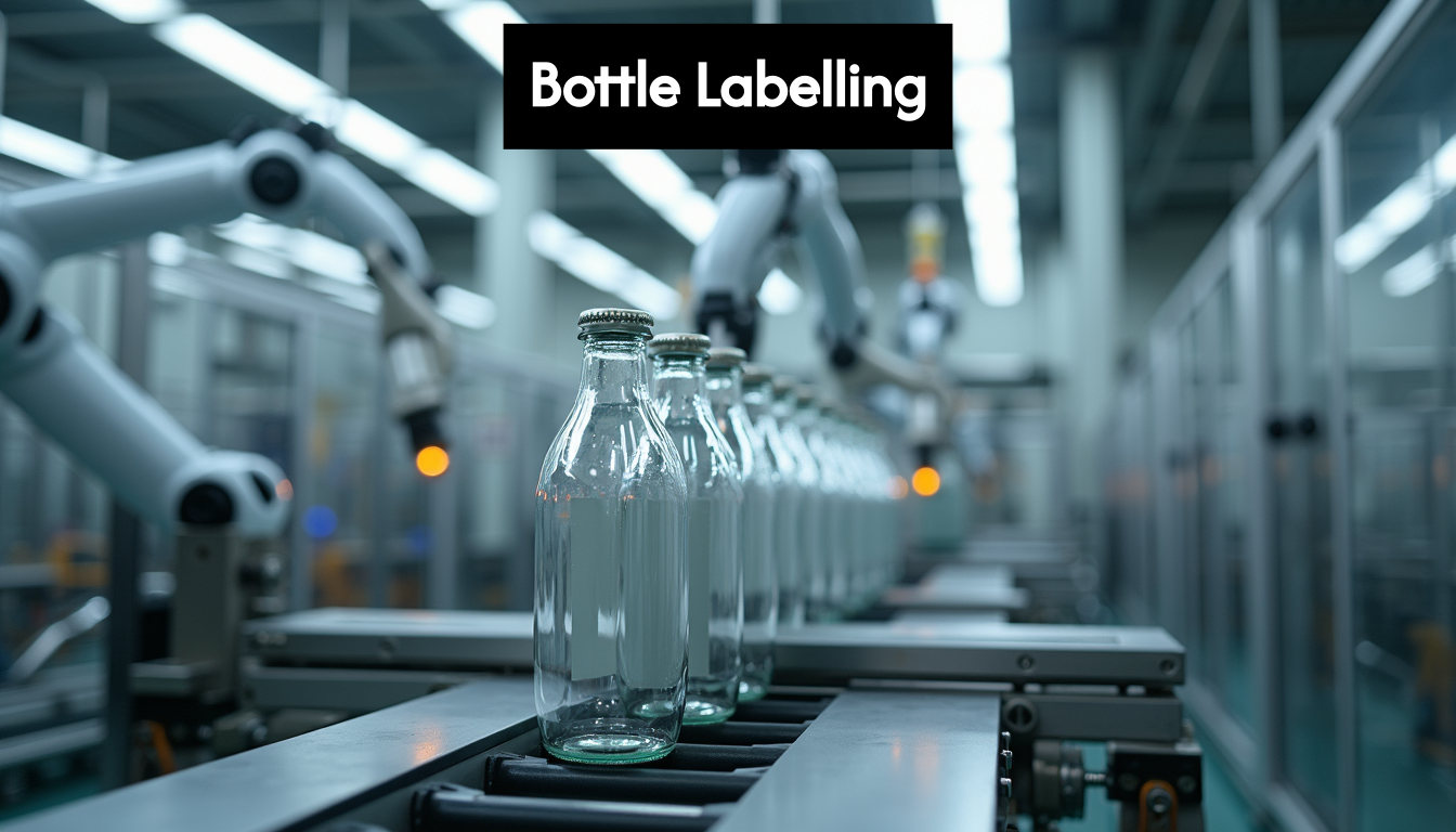 Automated machine applying labels to bottles in factory