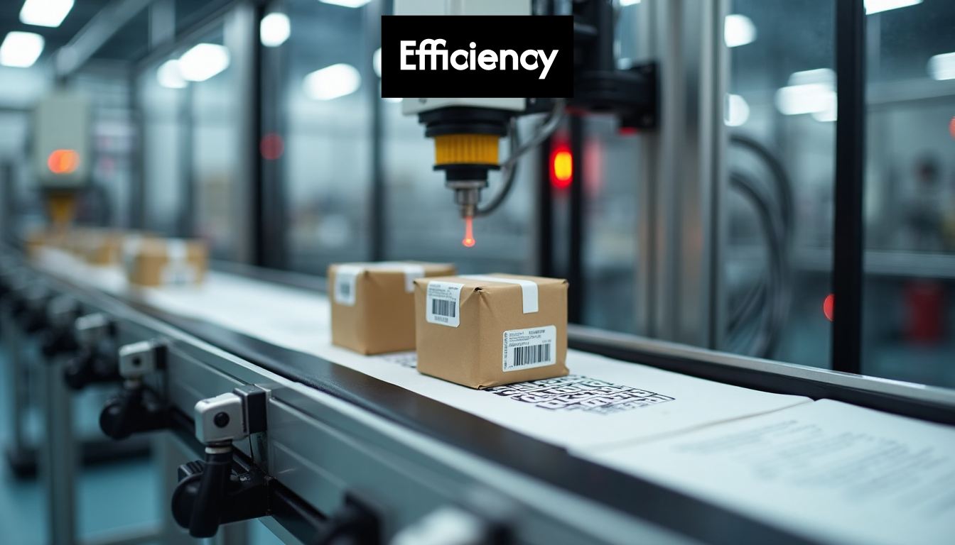 Automated machine labels products on a factory line.