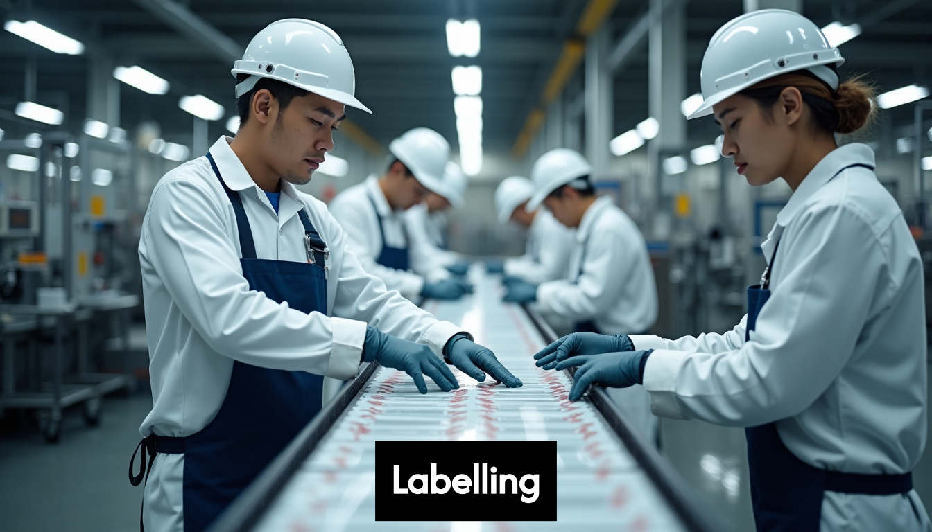Automated machinery applying labels in a manufacturing plant