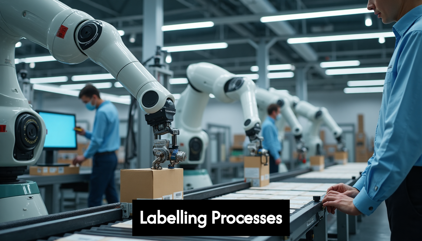 Automated machines apply labels to products on a production line