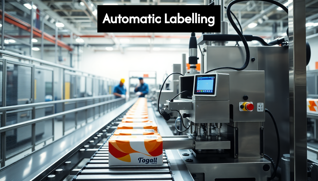 Automatic labelling machine in modern facility
