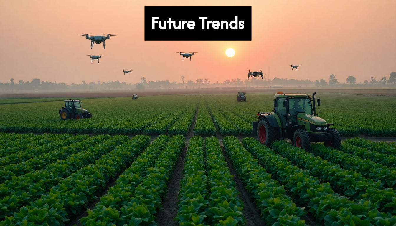 Autonomous farm machinery and drones at sunrise