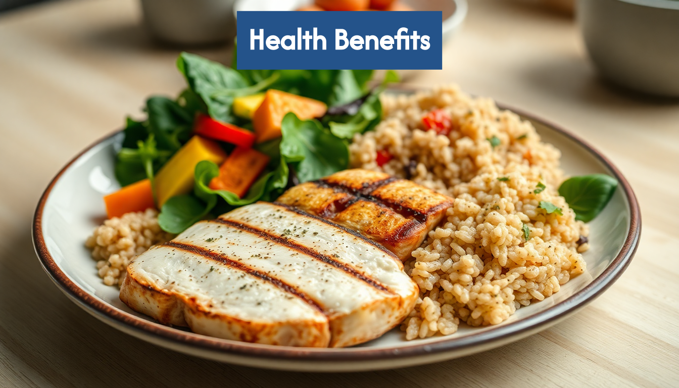 Balanced plate with vegetables, grains, and lean protein