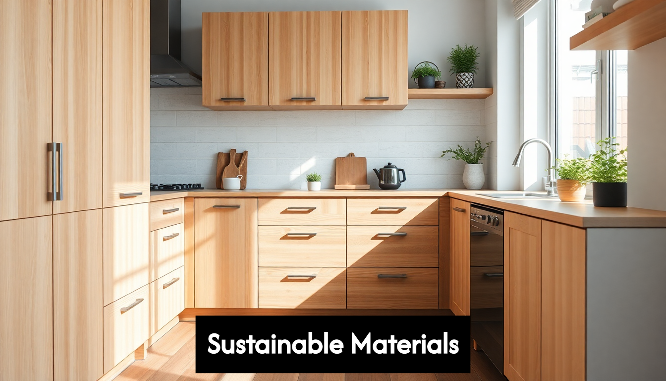 Bamboo cabinets and reclaimed wood flooring in kitchen