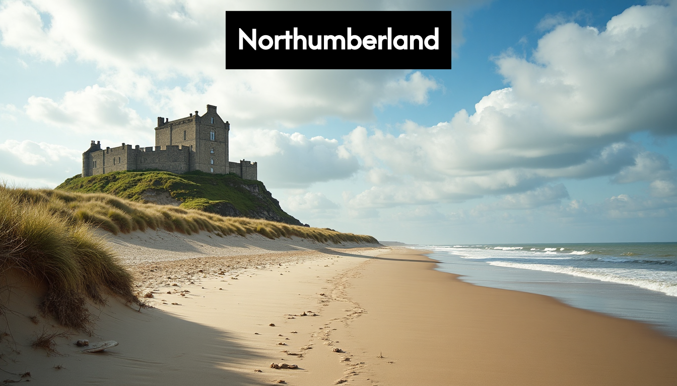 Bamburgh Castle overlooking a sandy beach, iconic view.