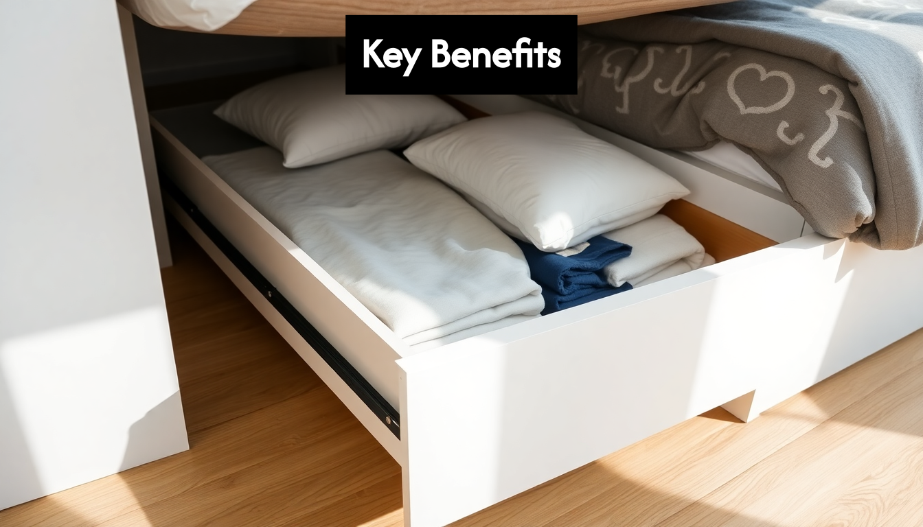Bed with pull-out storage drawer filled with bedding
