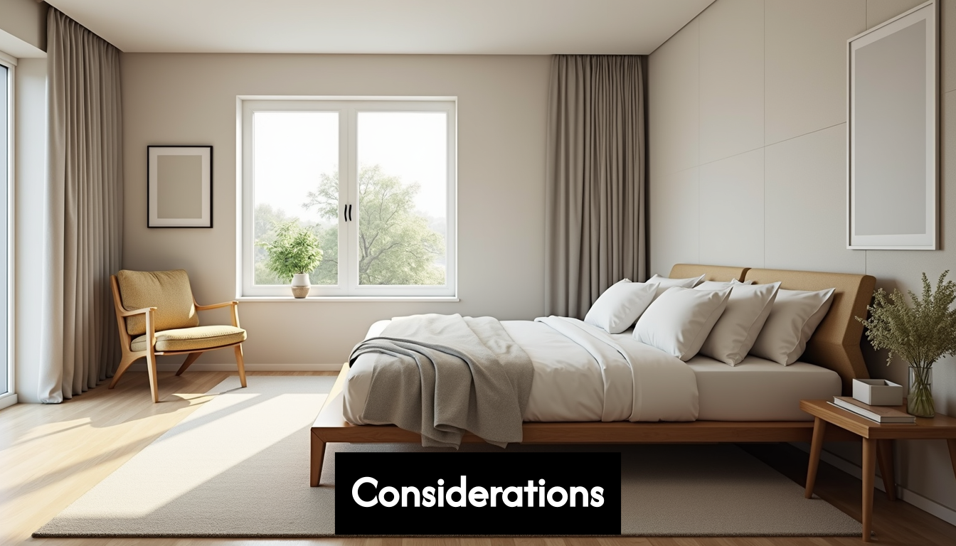 Bedroom showing ample walking space around a large bed.
