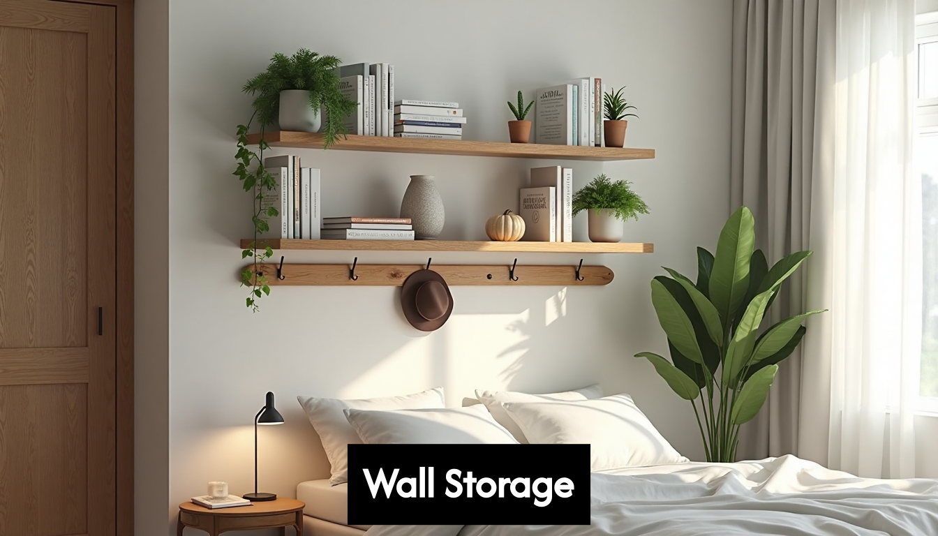 Bedroom wall with floating shelves and hanging storage