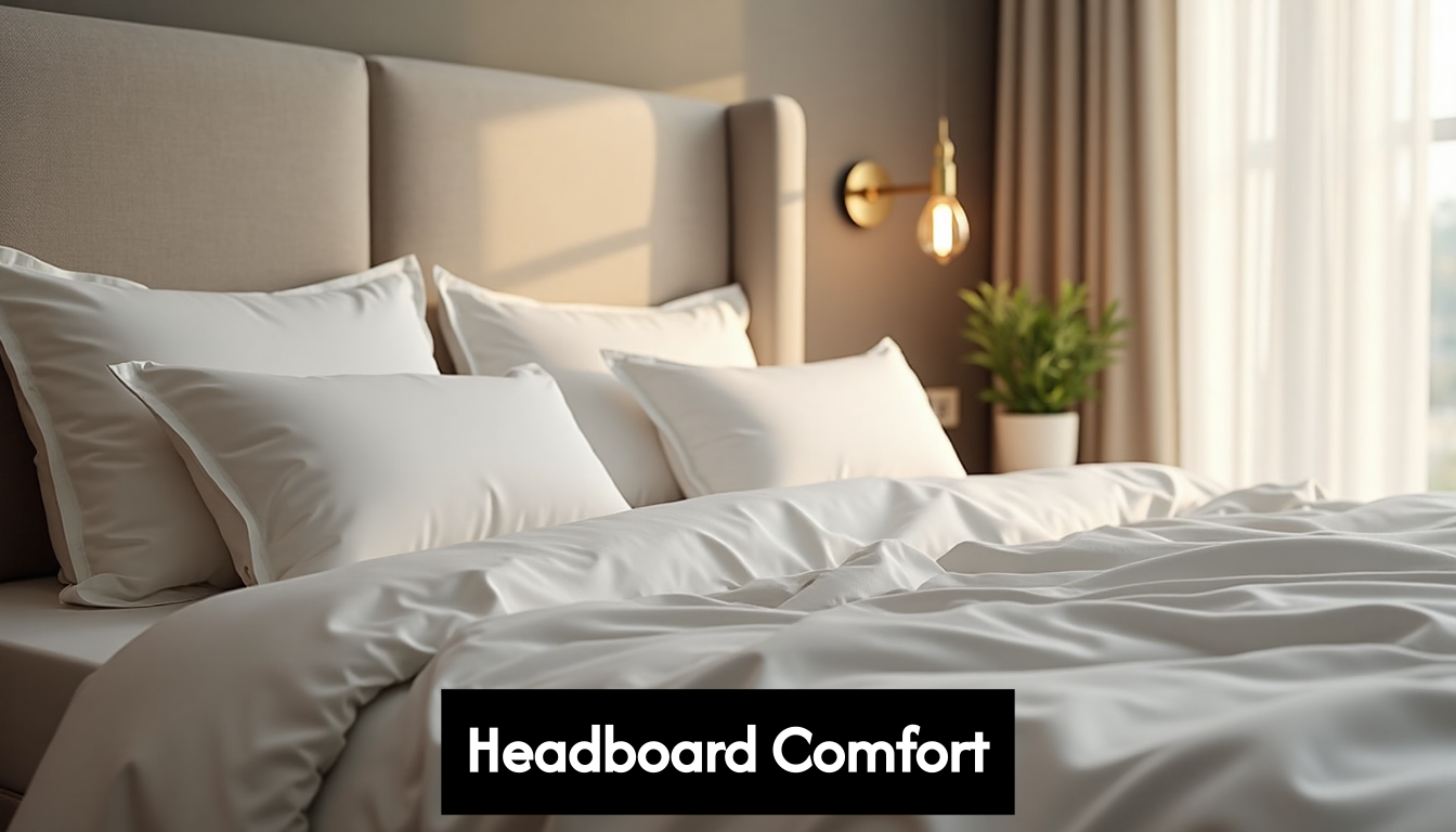 Bedroom with comfortable upholstered headboard.
