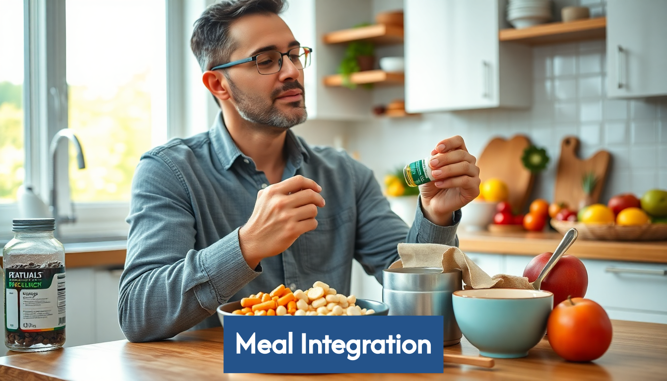 A person taking supplements with breakfast surrounded by healthy food.