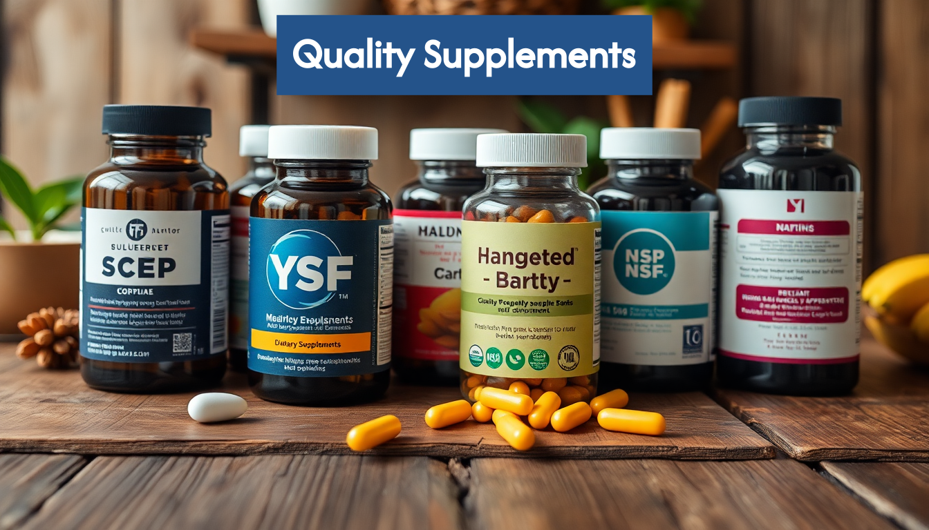 High-quality supplements with certification labels on a wooden table.