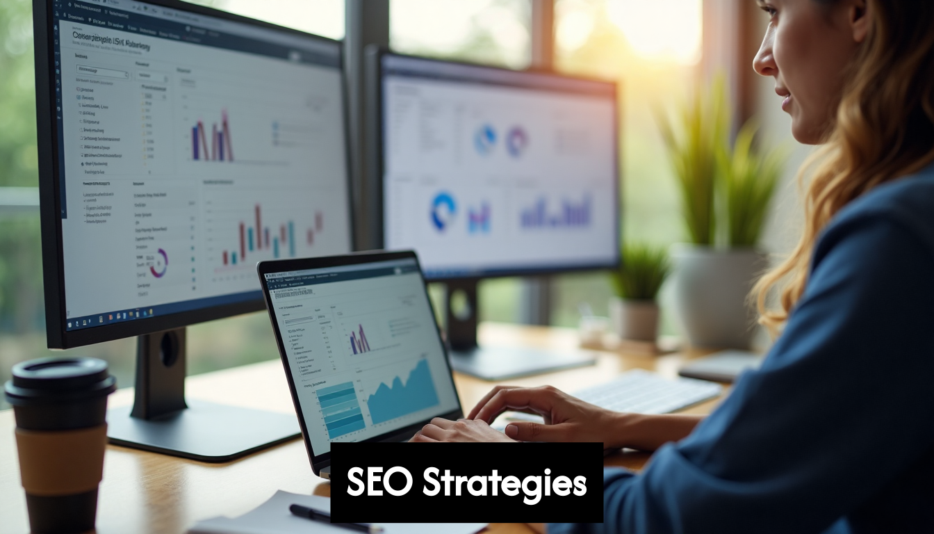 Blogger analyzing SEO data at modern workspace