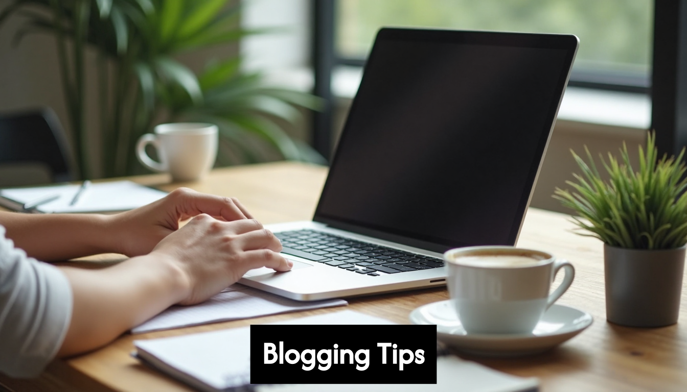 Blogger working at laptop in bright workspace