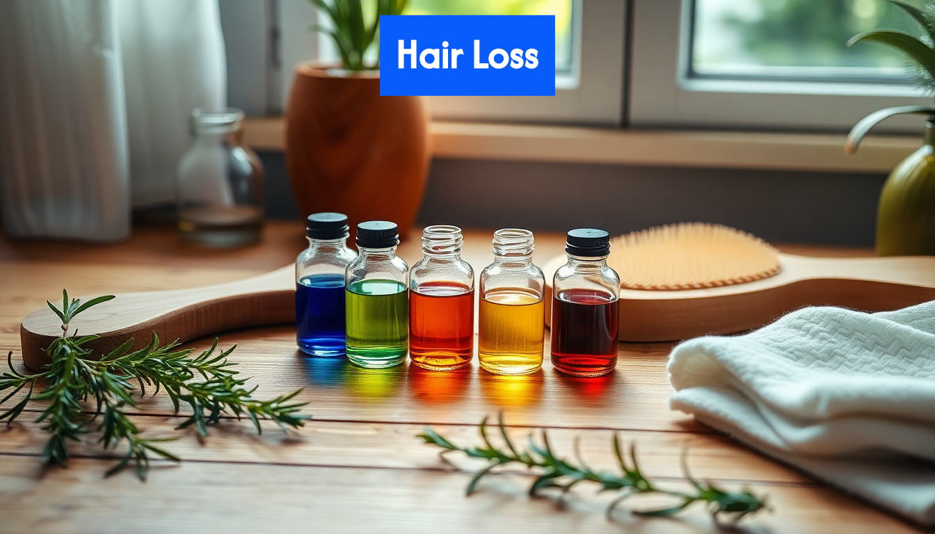 Bottles of natural oils and hair care accessories