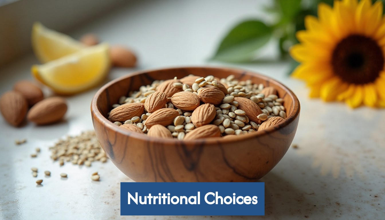Bowl of mixed nuts and seeds on countertop