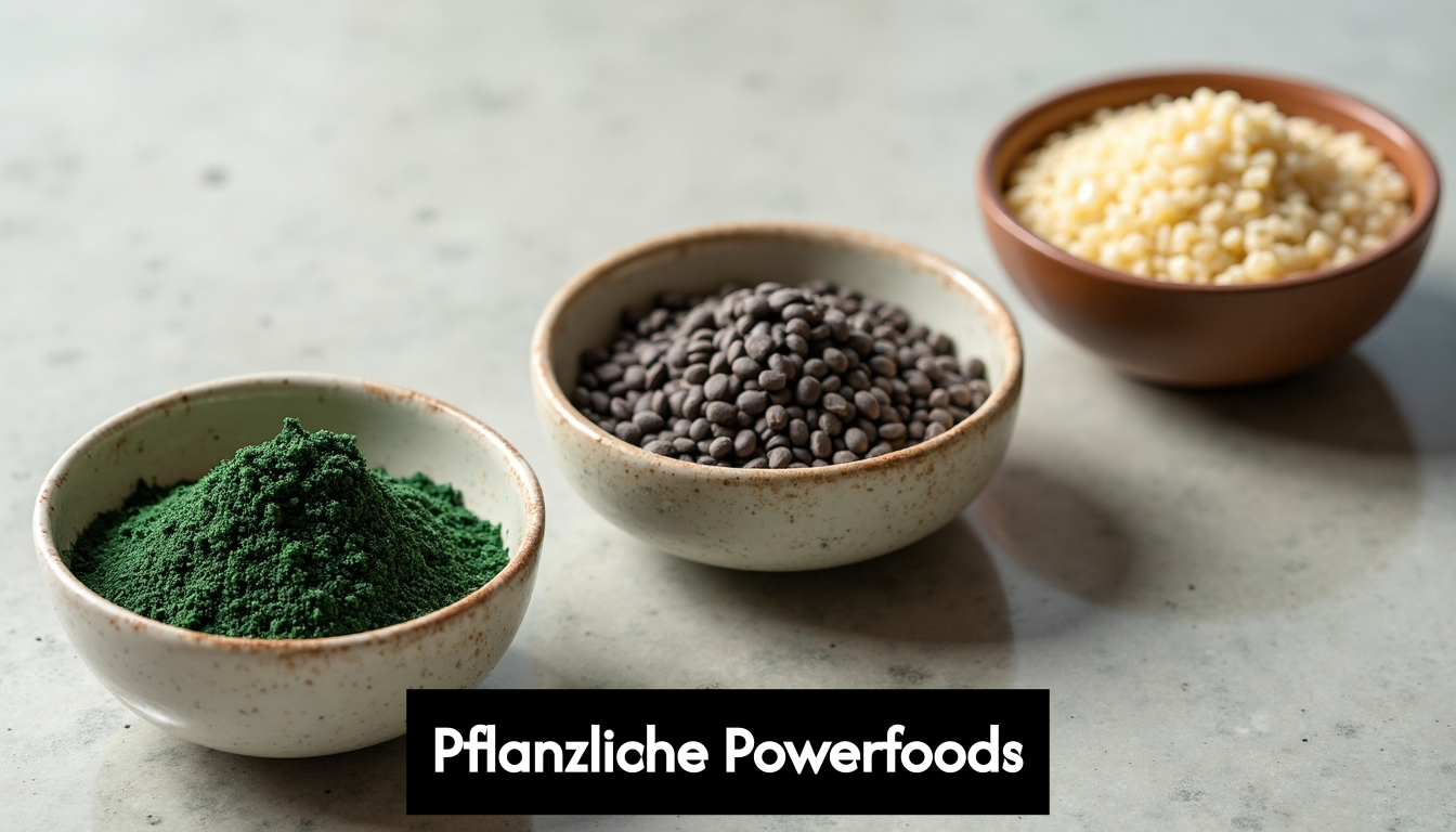 Bowls of spirulina, chia seeds, and quinoa