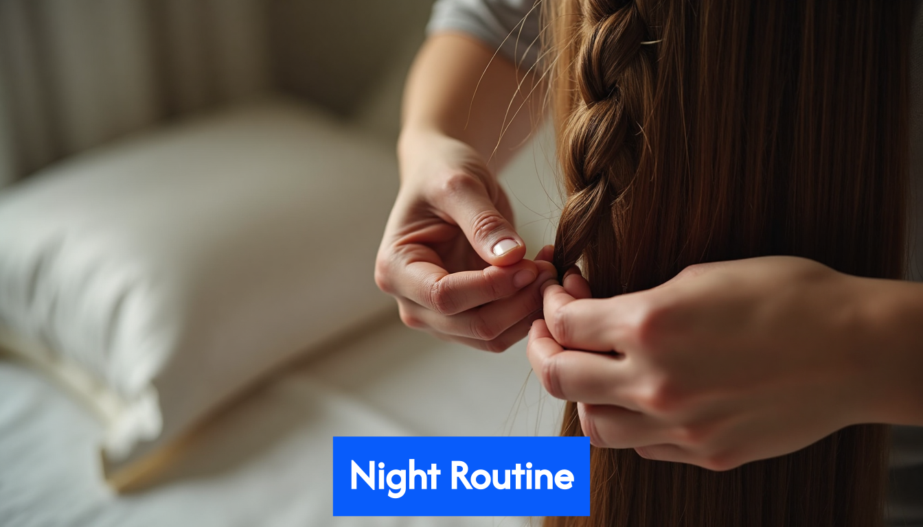 Braiding hair at night near satin pillowcase