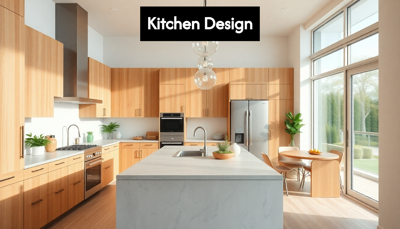 Bright modern kitchen with wood cabinets and island