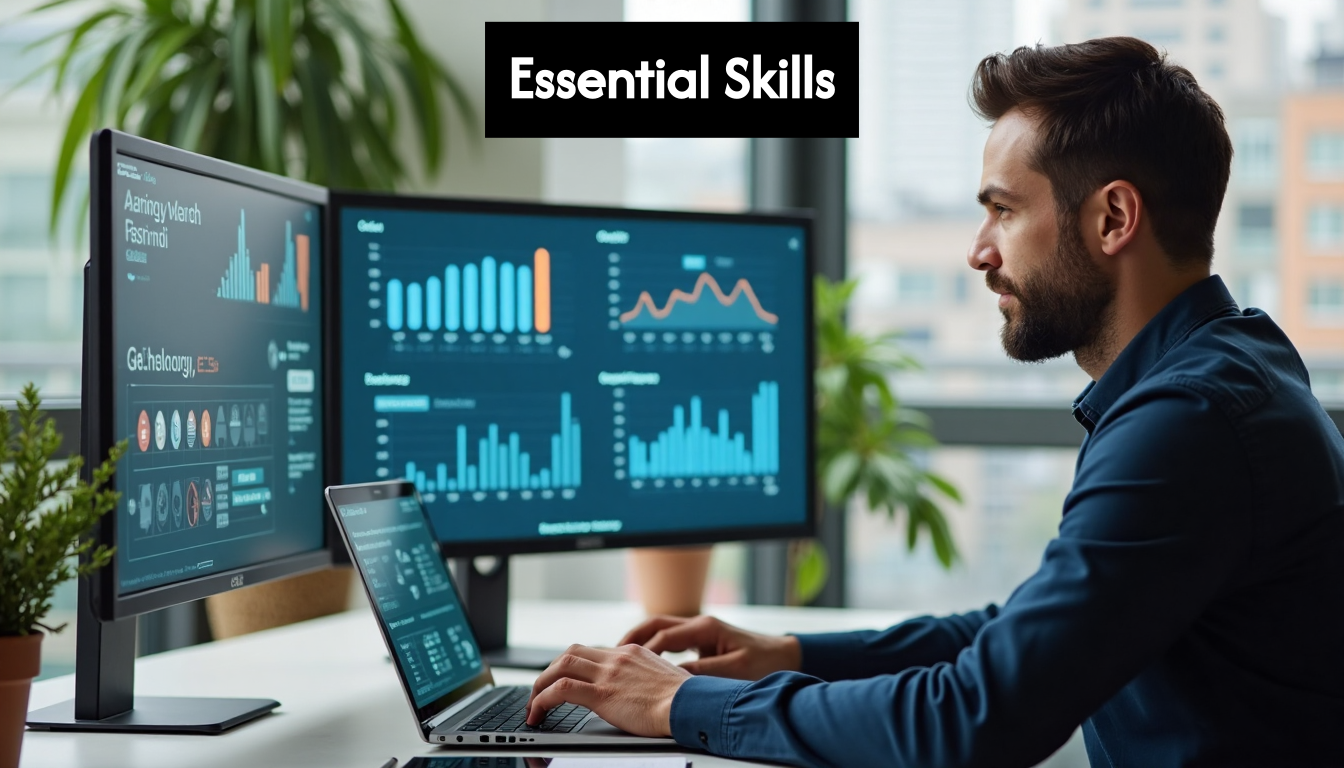 Business administrator reviewing digital analytics at desk