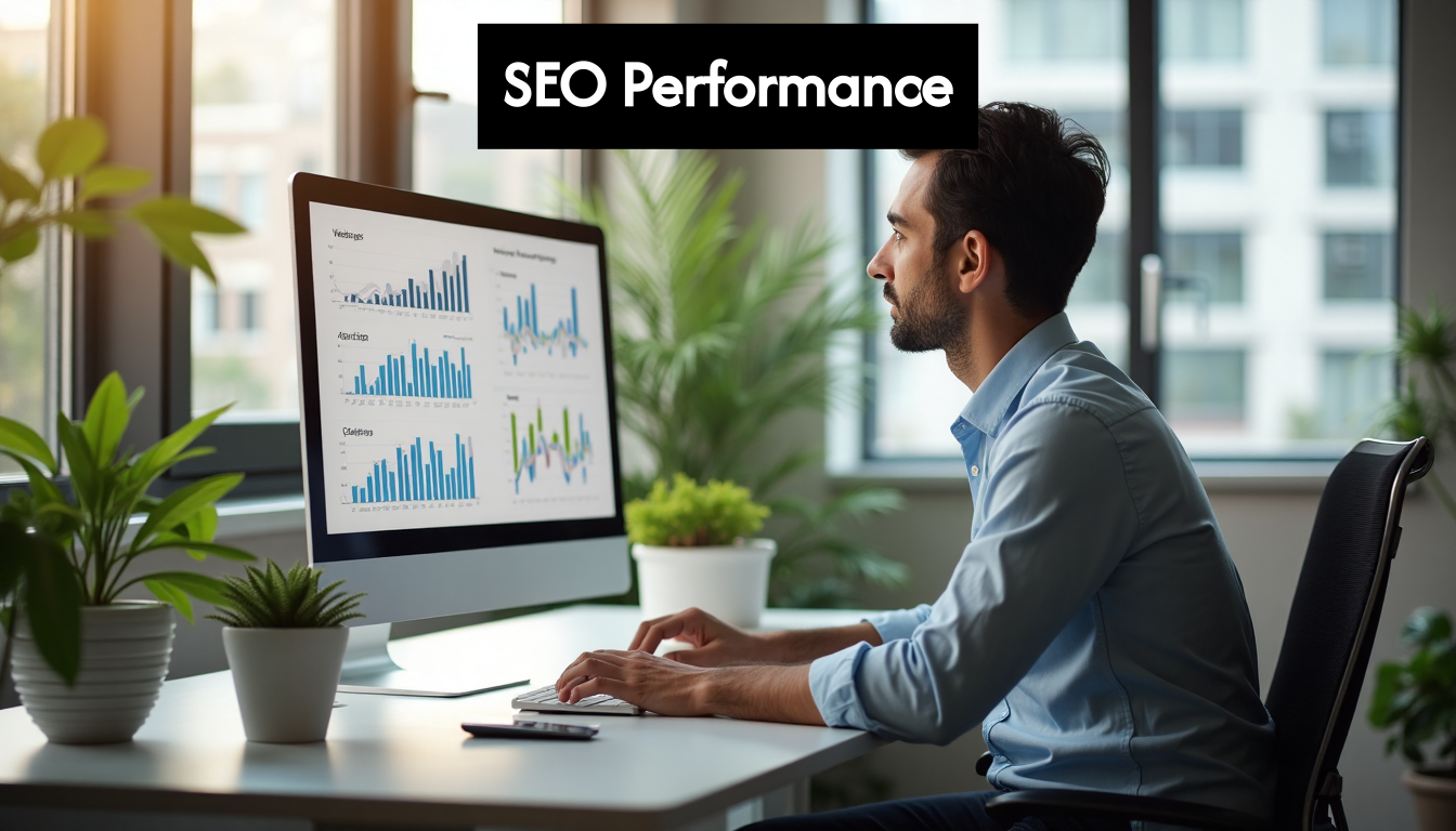 Business owner analyzing SEO performance metrics on computer
