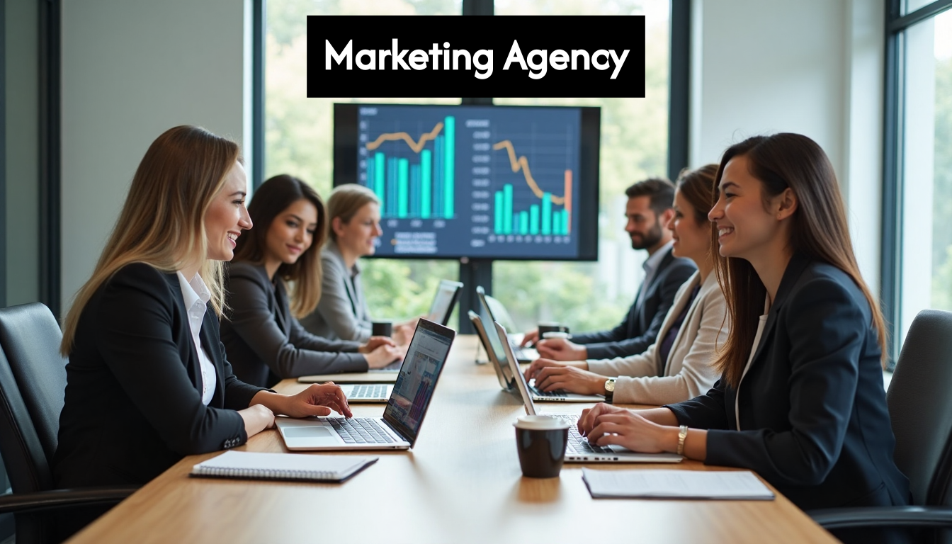 Business owner meeting with marketing agency team