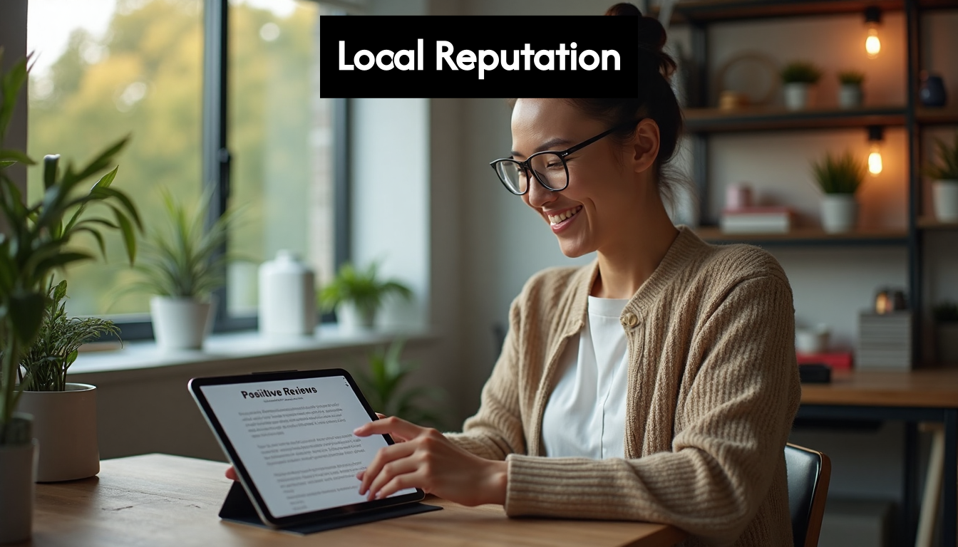 Business owner smiling at positive review on tablet