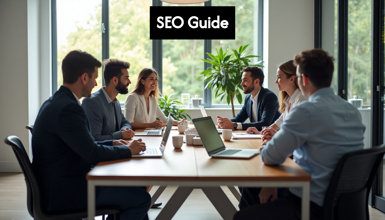 Business owners discuss SEO strategies in office