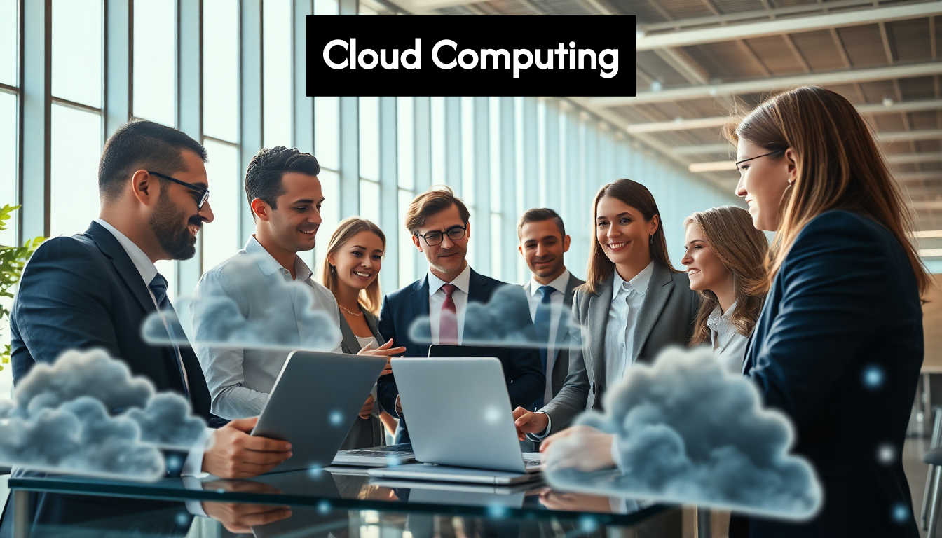 Business professionals in modern office with digital cloud overlay
