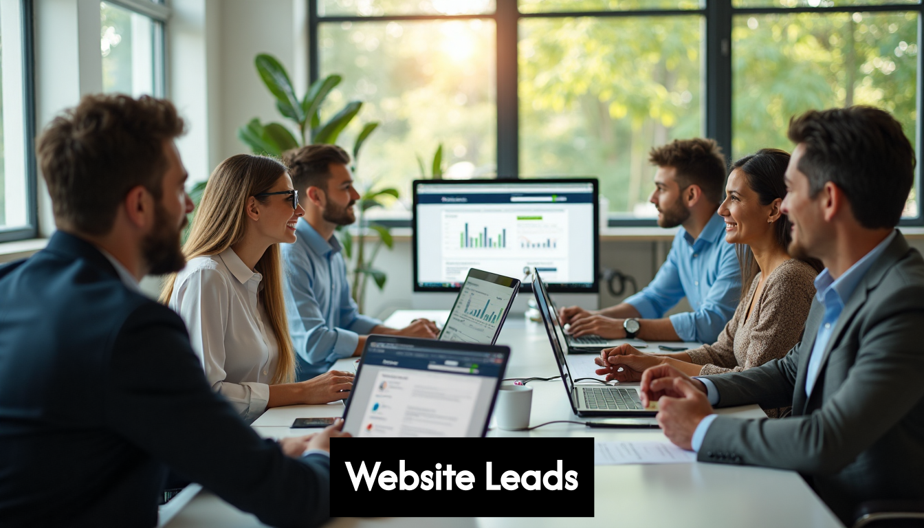 Business team collaborating on website leads