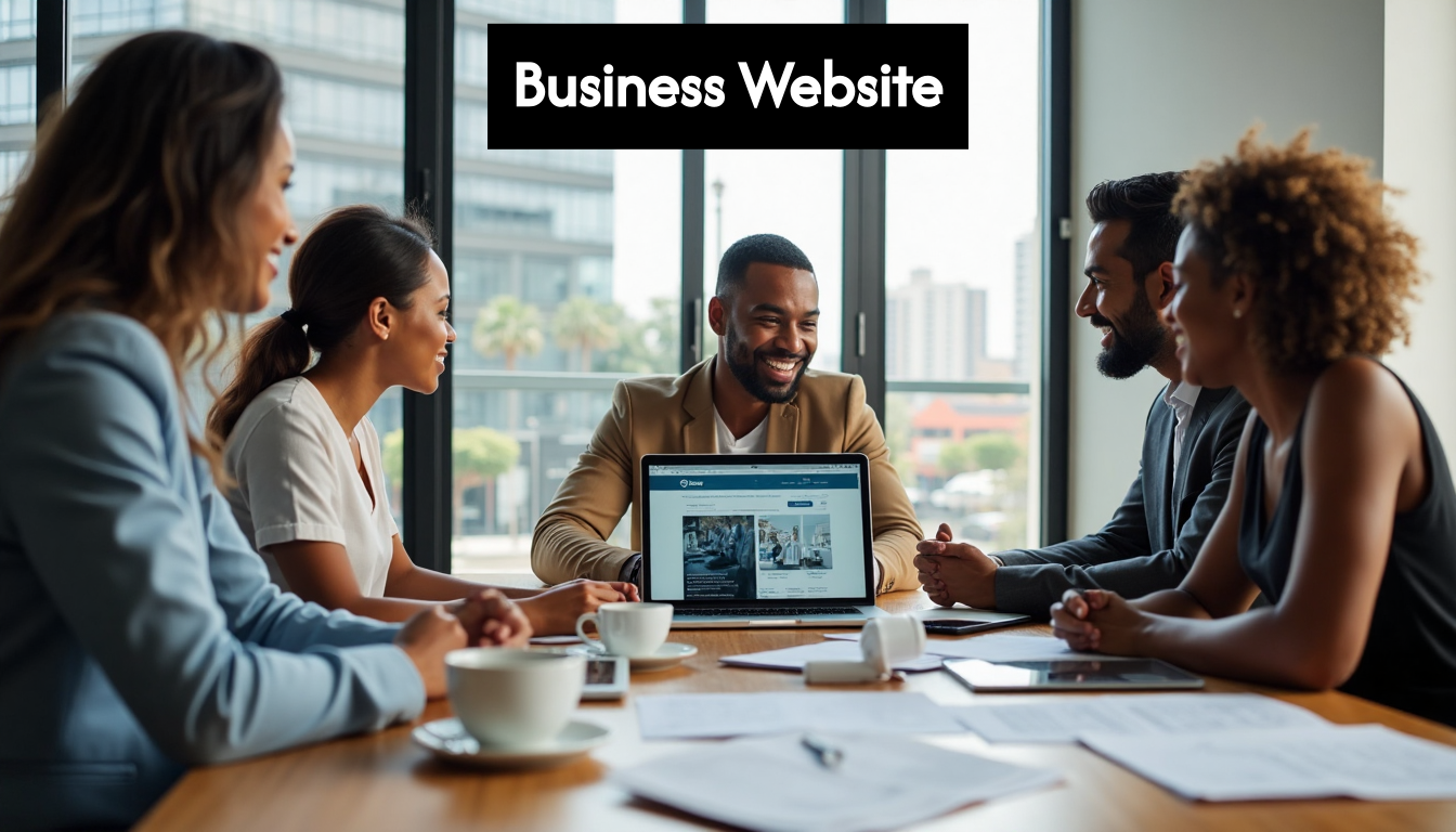 Business team evaluating new website on laptop