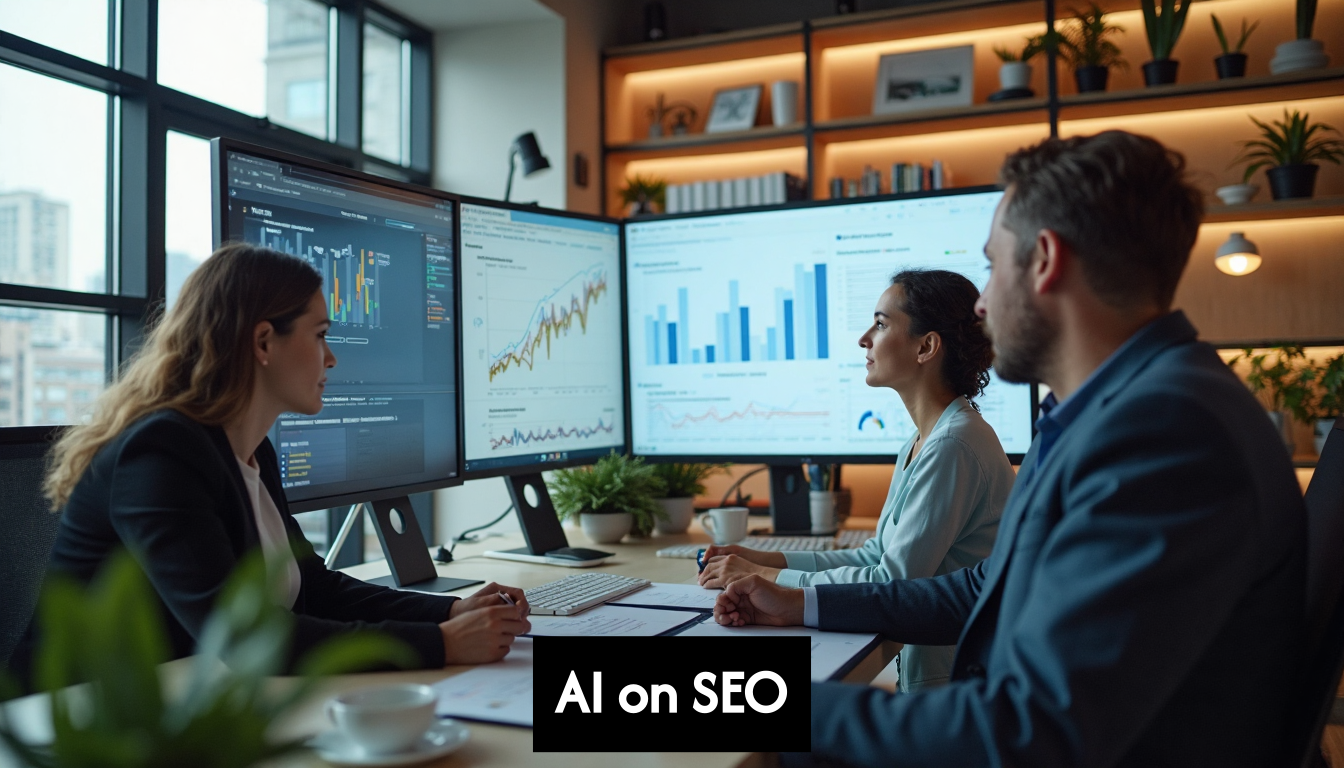 Business team reviewing AI SEO analytics in office