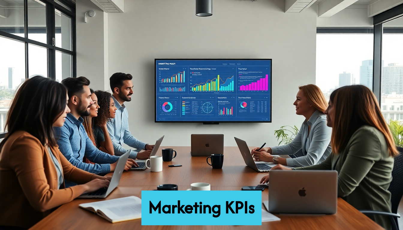 Business team reviews marketing analytics in office