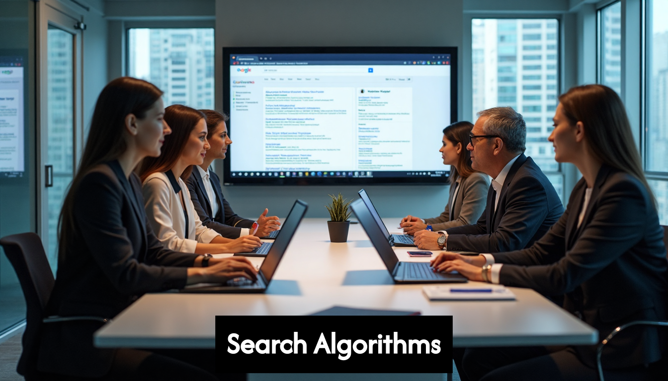Business team reviews modern search engine results