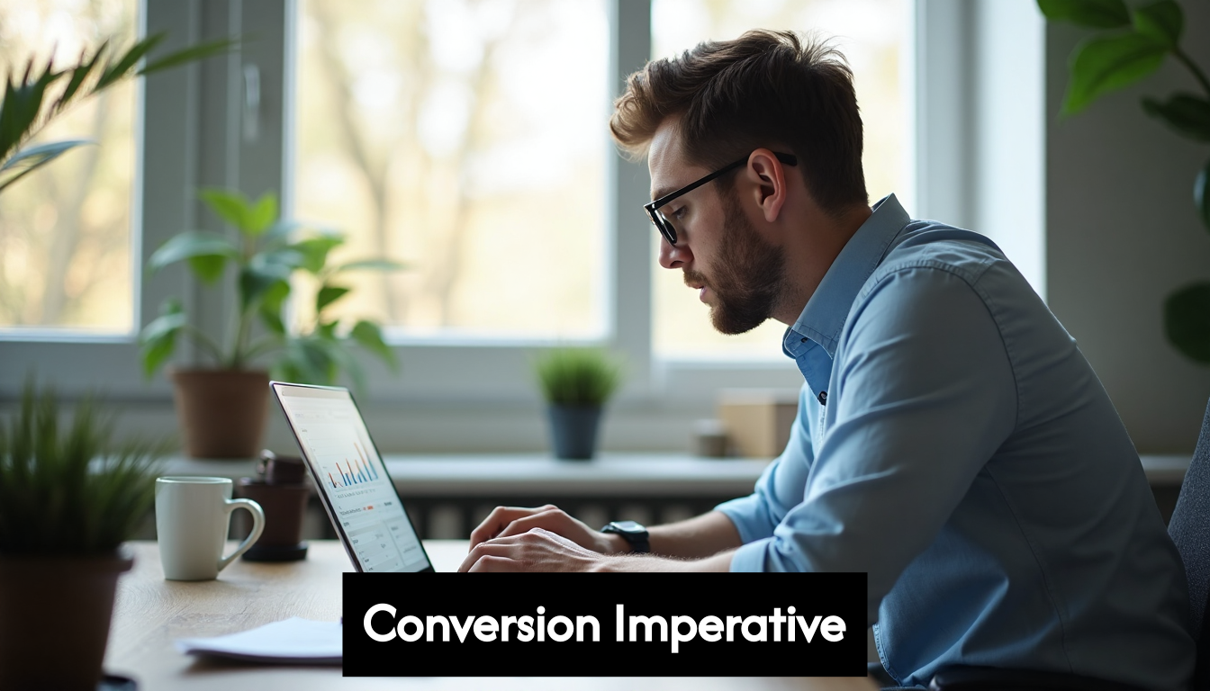Businessperson analyzing conversion metrics on laptop