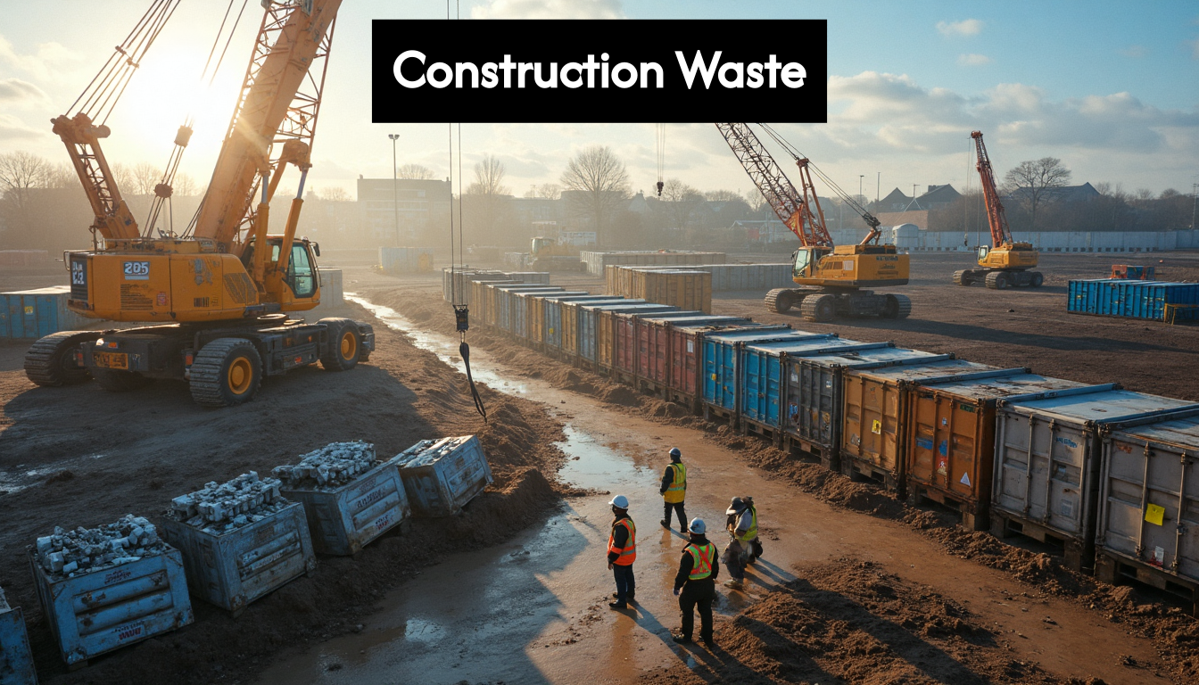 Busy UK construction site with waste containers