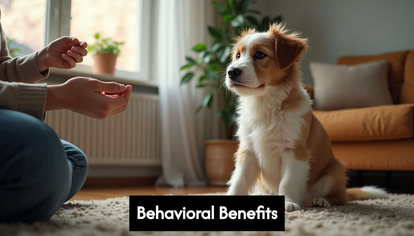 Calm dog focusing on handler during training indoors