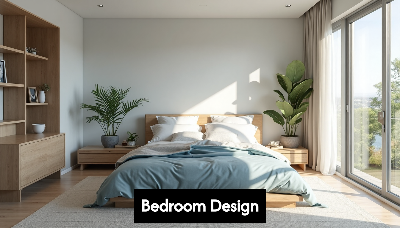 Calm modern master bedroom with natural light