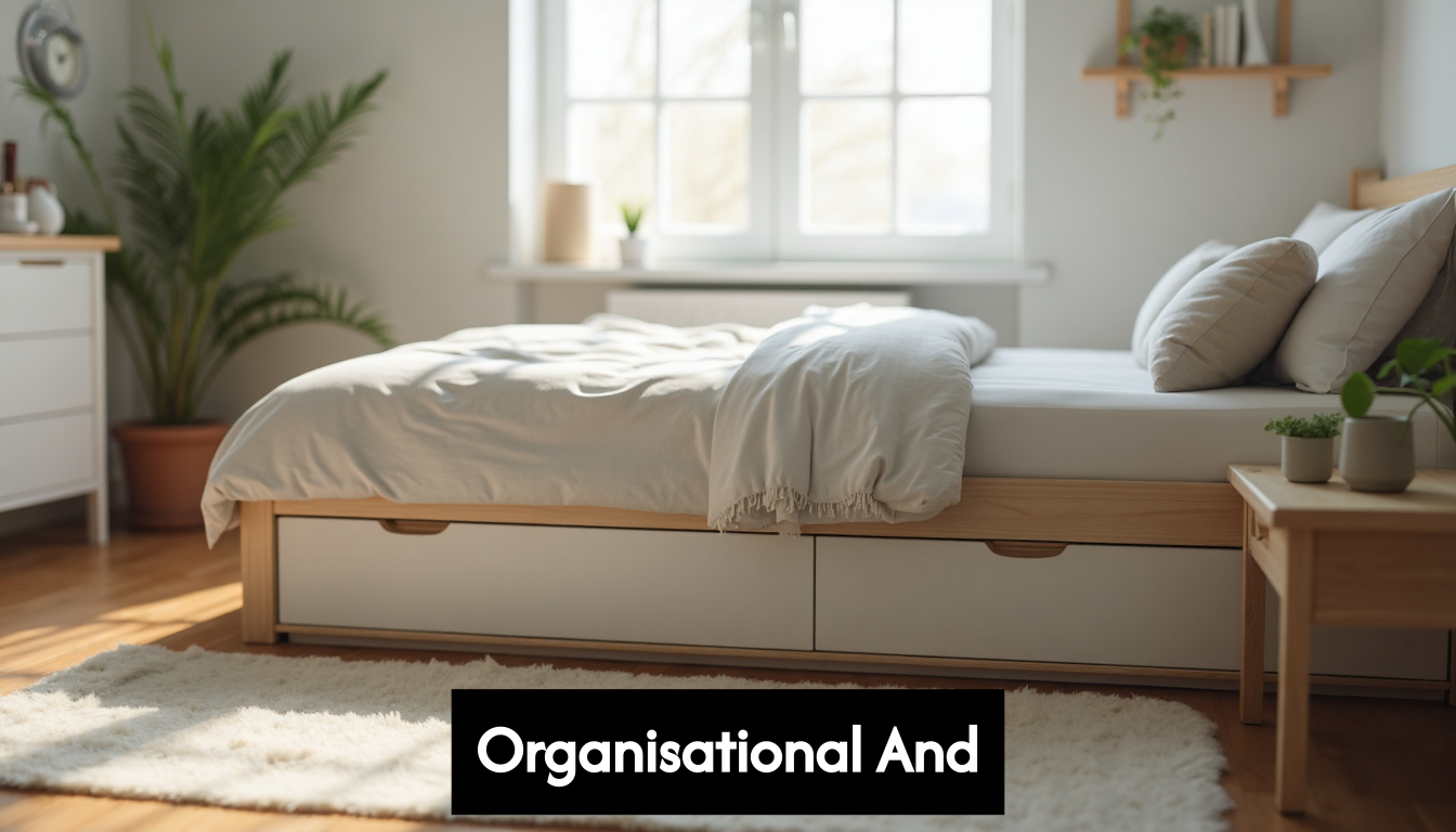Calm organized bedroom with a storage bed.