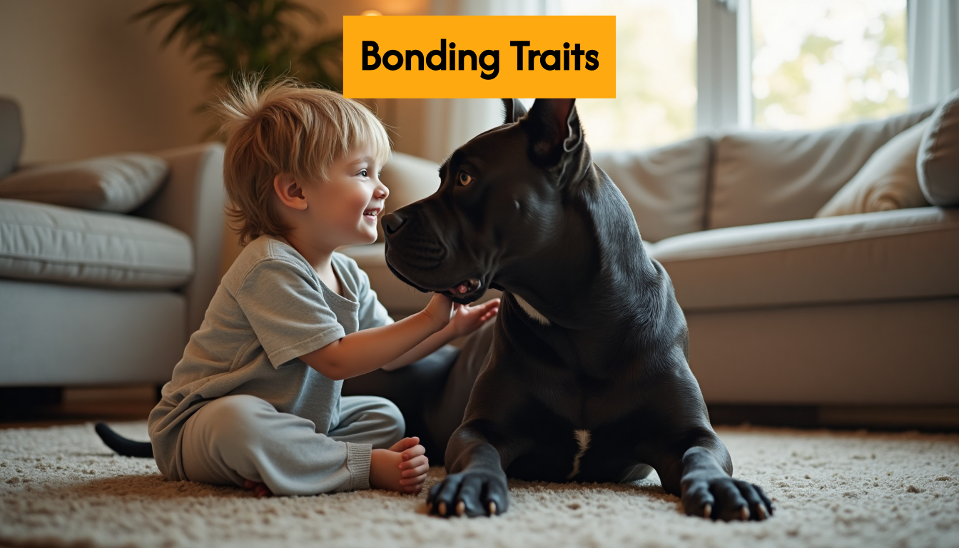 Cane Corso bonding with a young child indoors