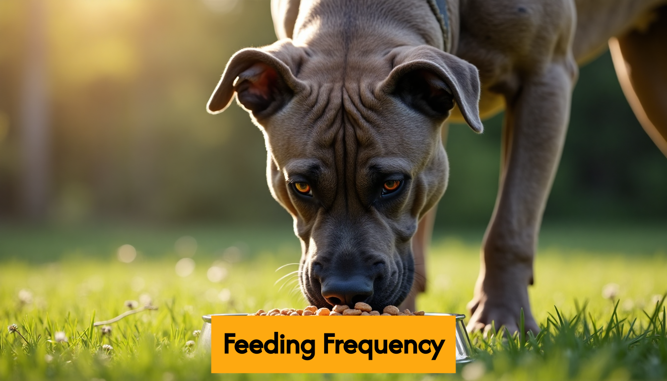 Cane Corso eating kibble from a bowl.